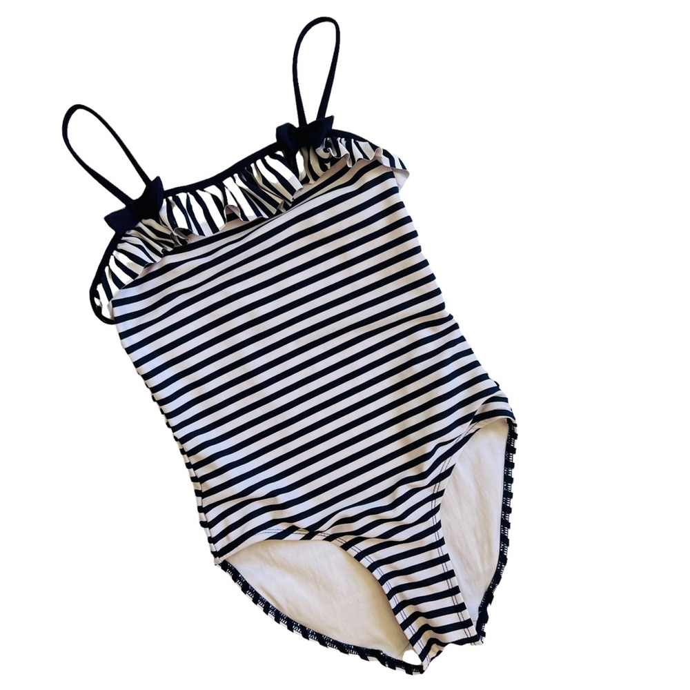 H&M Kids Striped Blue White One-Piece Swimsuit Ruffle Bow Sz 6-8Y